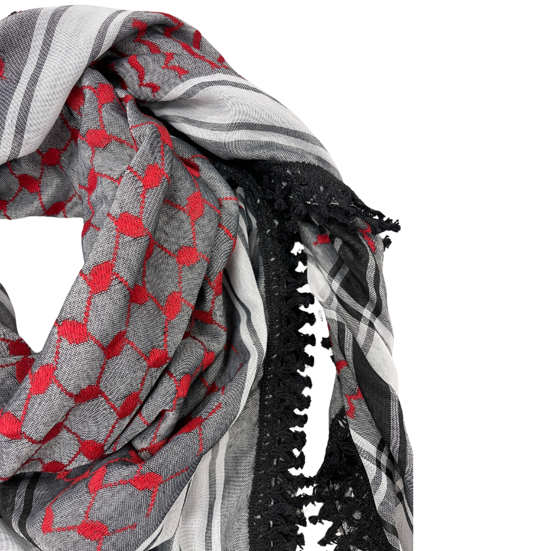 Sitti Social Enterprise - Vendita all'ingrosso Sciarpa - Donna - Kuffiyeh rosso su grigio con frange nere1
