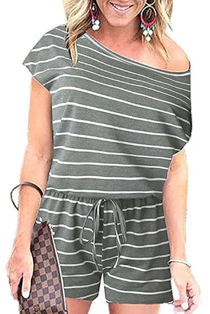 Supreme Fashion – wholesale Romper – Women's – Striped Short Sleeve Drawstring Waist Romper0