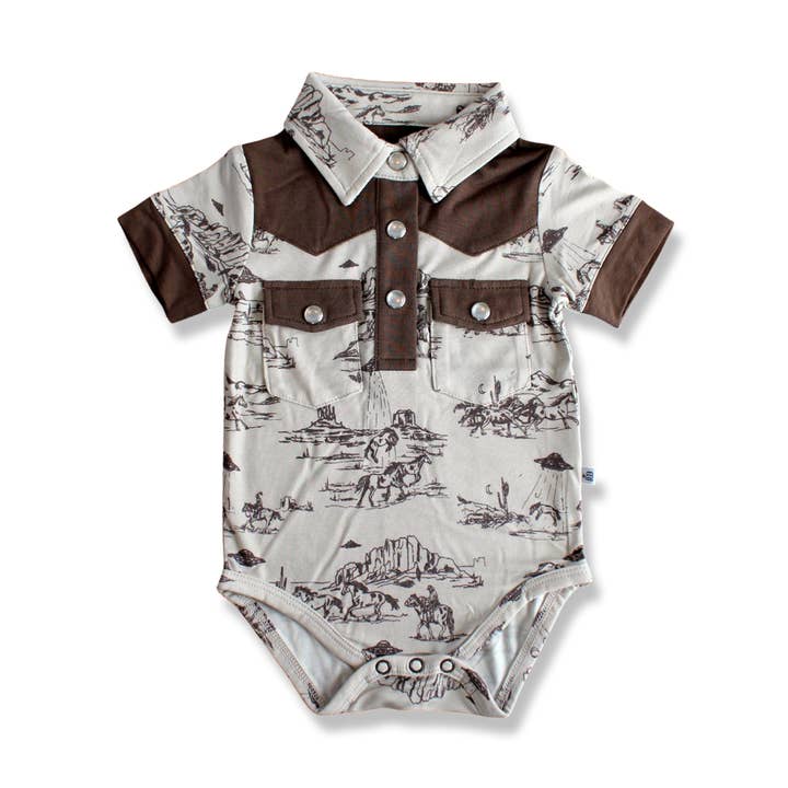 Lubbock Western Pearl Snap Collared Short Sleeve Bodysuit for wholesale by Buckaroo Baby Co.