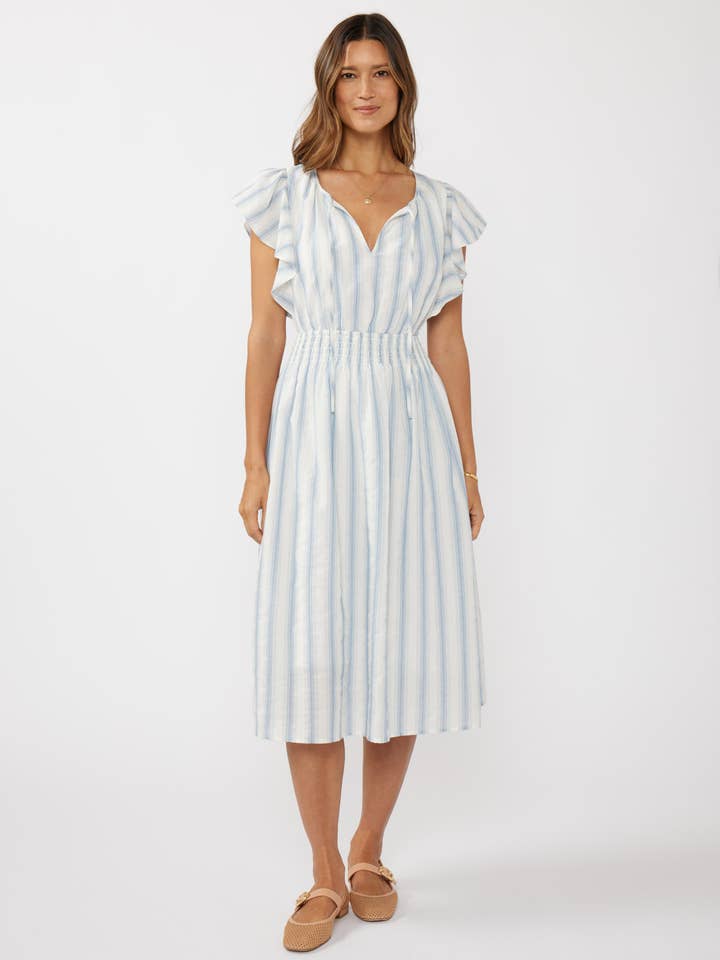 Ruffle Sleeve Split-Neck Smocked Waist Midi Dress for wholesale by Lovestitch