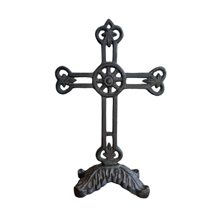 Wilco Home - Wholesale Wall Cross - Cast Iron Filigree Table Cross on Rectangular Pedestal Base
