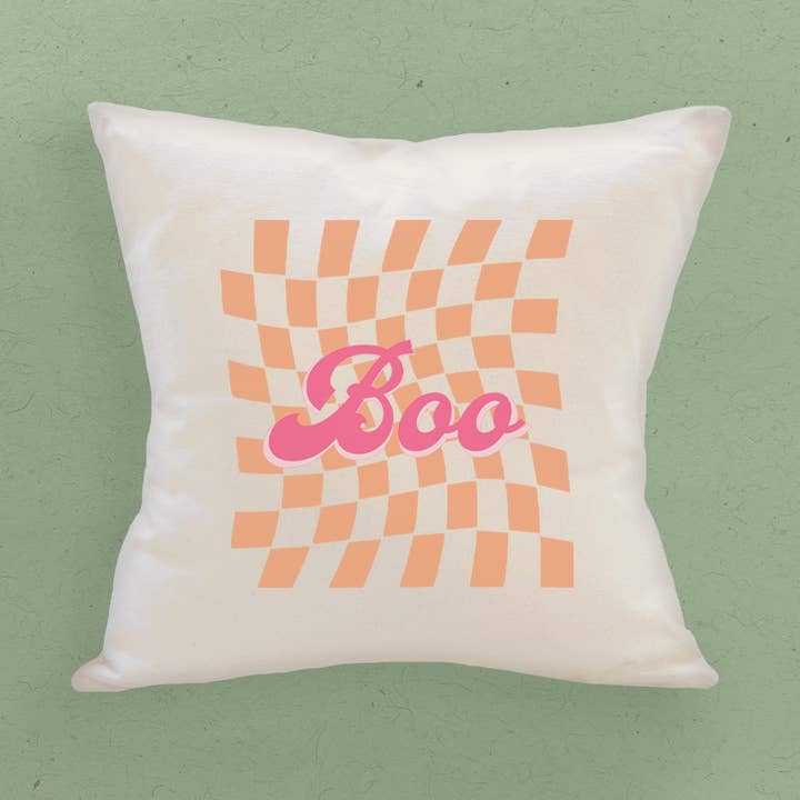 Coussin carré en toile - Boo Orange Check pour la vente par Boheme Bliss