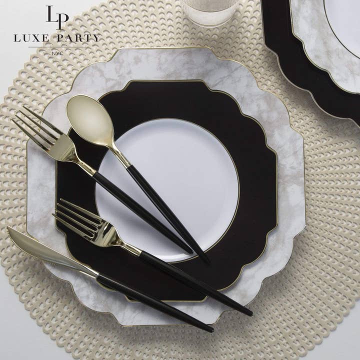 Luxe Party - Wholesale Disposable Plate - Scalloped Black • Gold Plastic Plates | 10 Pack