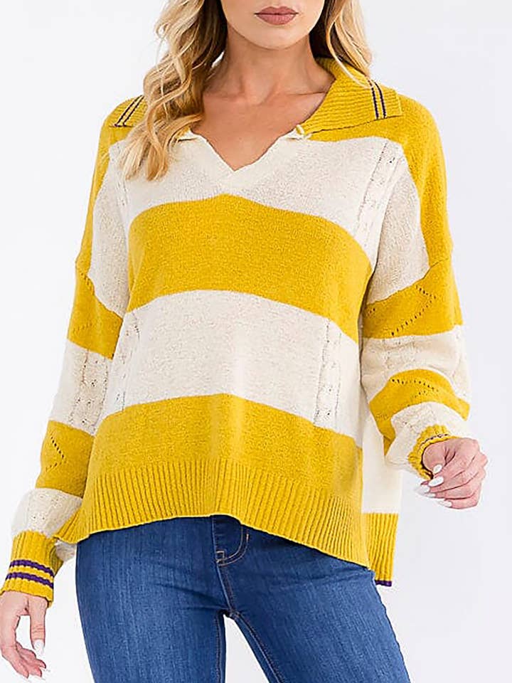 JERSEY DE PUNTO CON CUELLO EN V Y BLOQUES DE COLOR A RAYAS para venta al por mayor de ROUSSEAU