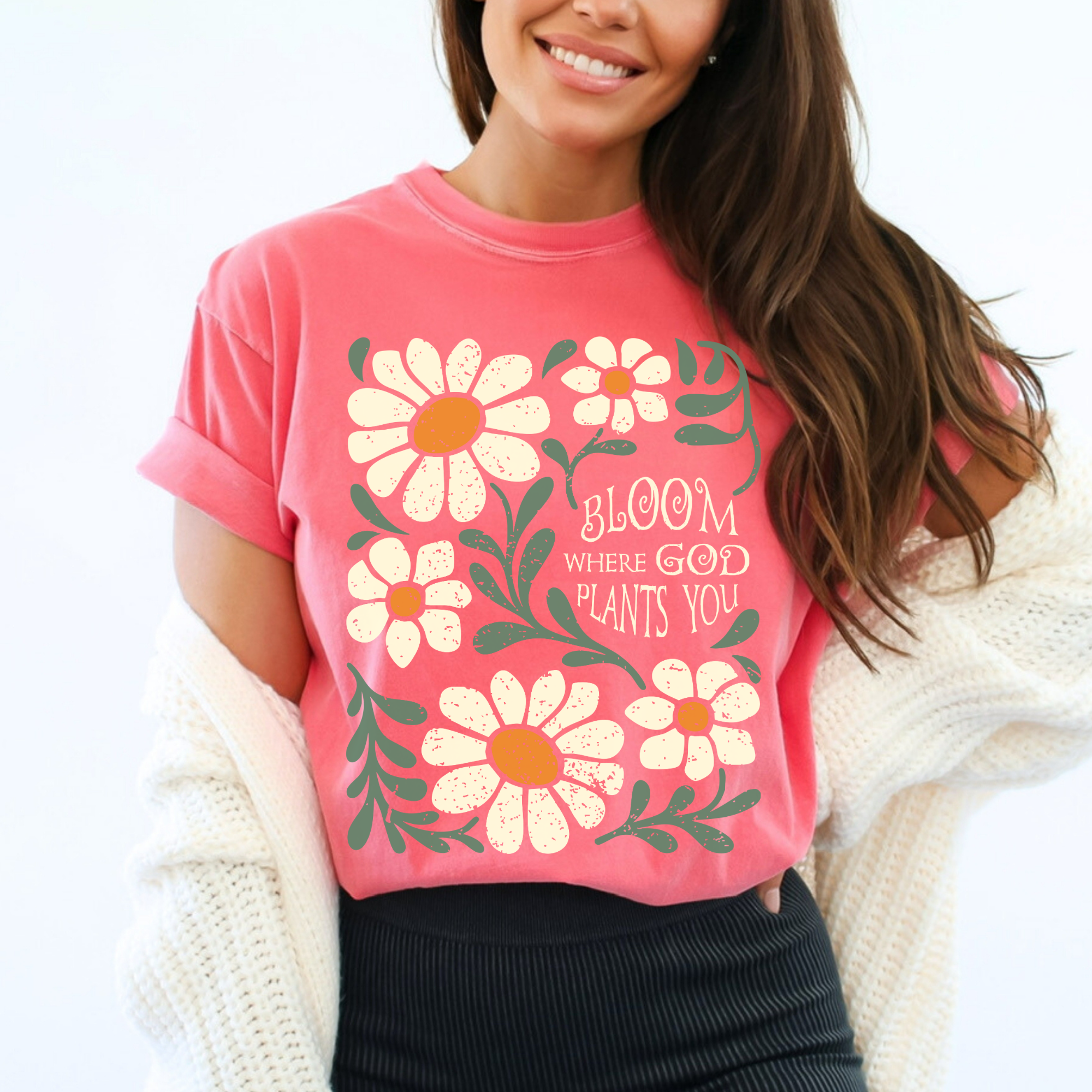 Scripted Pearl - Wholesale Screen Printed T-Shirt - Women's - Bloom Where God Plants You Comfort Colors Christian T Shirt3