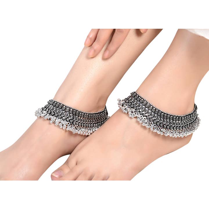 Sølvoxiderede Ghungroo Indiske Etniske Ankelkæder for engroshandel hos Vastrabhushan