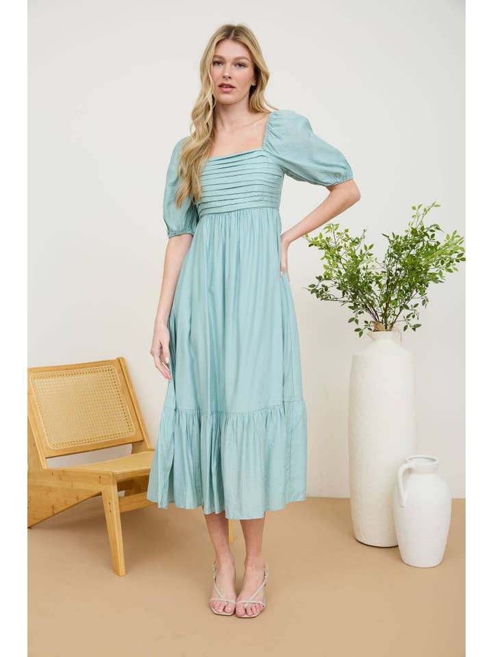 MINE - Wholesale Dress - Women's - PLEATED EMPIRE WAIST PUFF SLEEVE MIDI DRESS