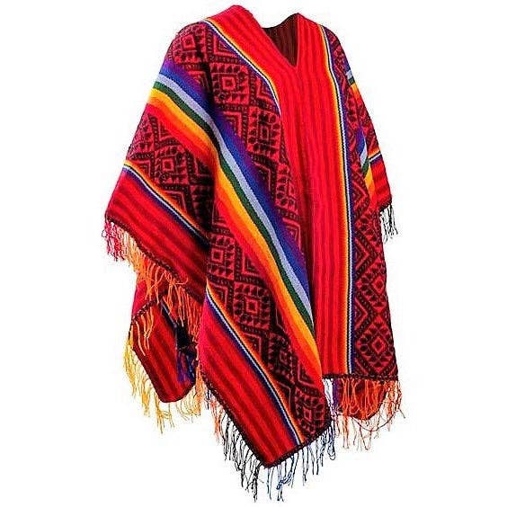 MODA LATINA - Wholesale Poncho - Dames - Peruaanse poncho met rode en regenboogstrepen, rustieke poncho, Peru
