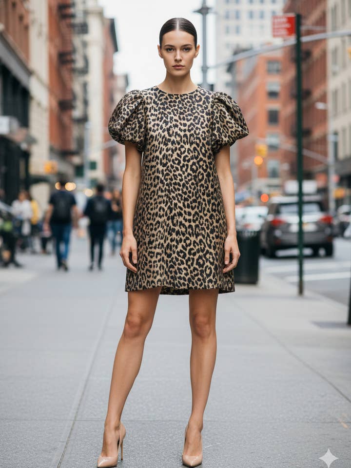 D5940 Leopard A-line dress with bold puff sleeves for wholesale by See and Be Seen