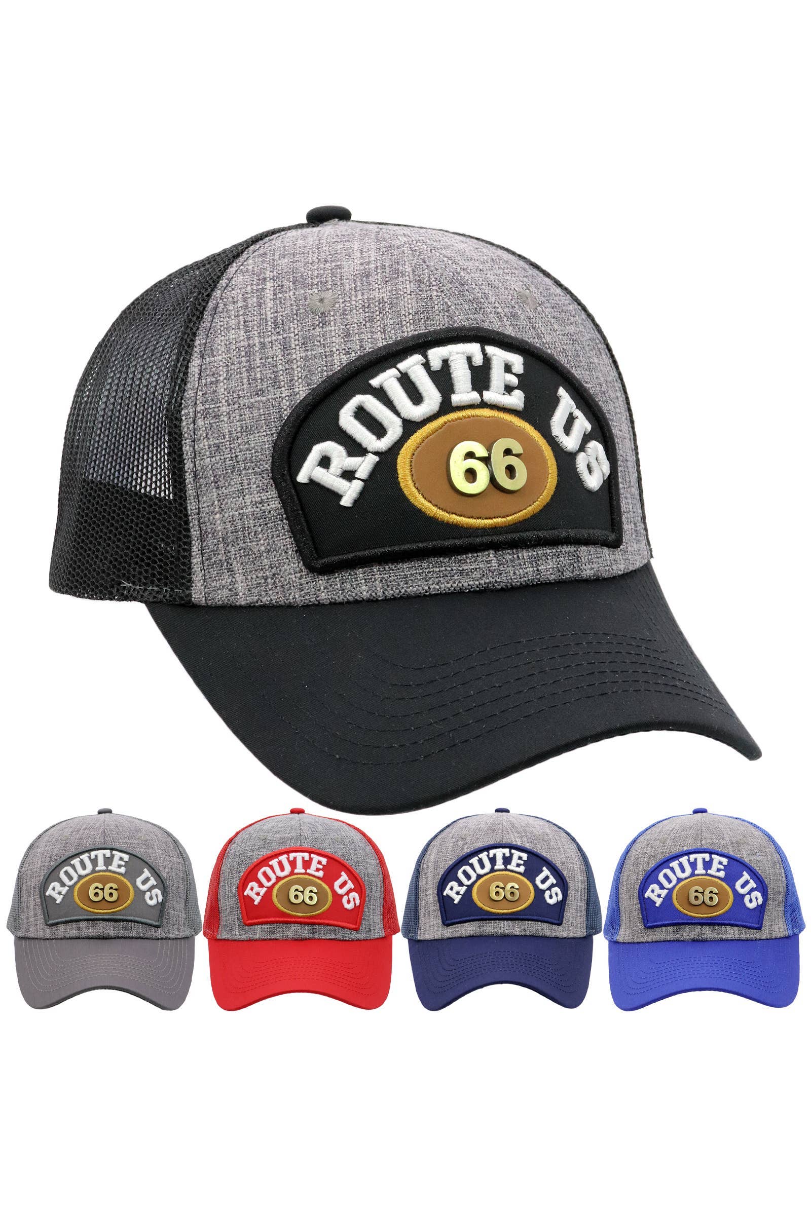 Assorted Route 66 Emblem Mesh Snap Back Trucker Hat for wholesale on Faire