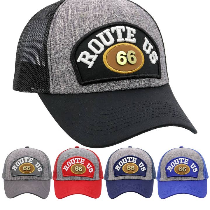 Assorted Route 66 Emblem Mesh Snap Back Trucker Hat for wholesale on Faire0