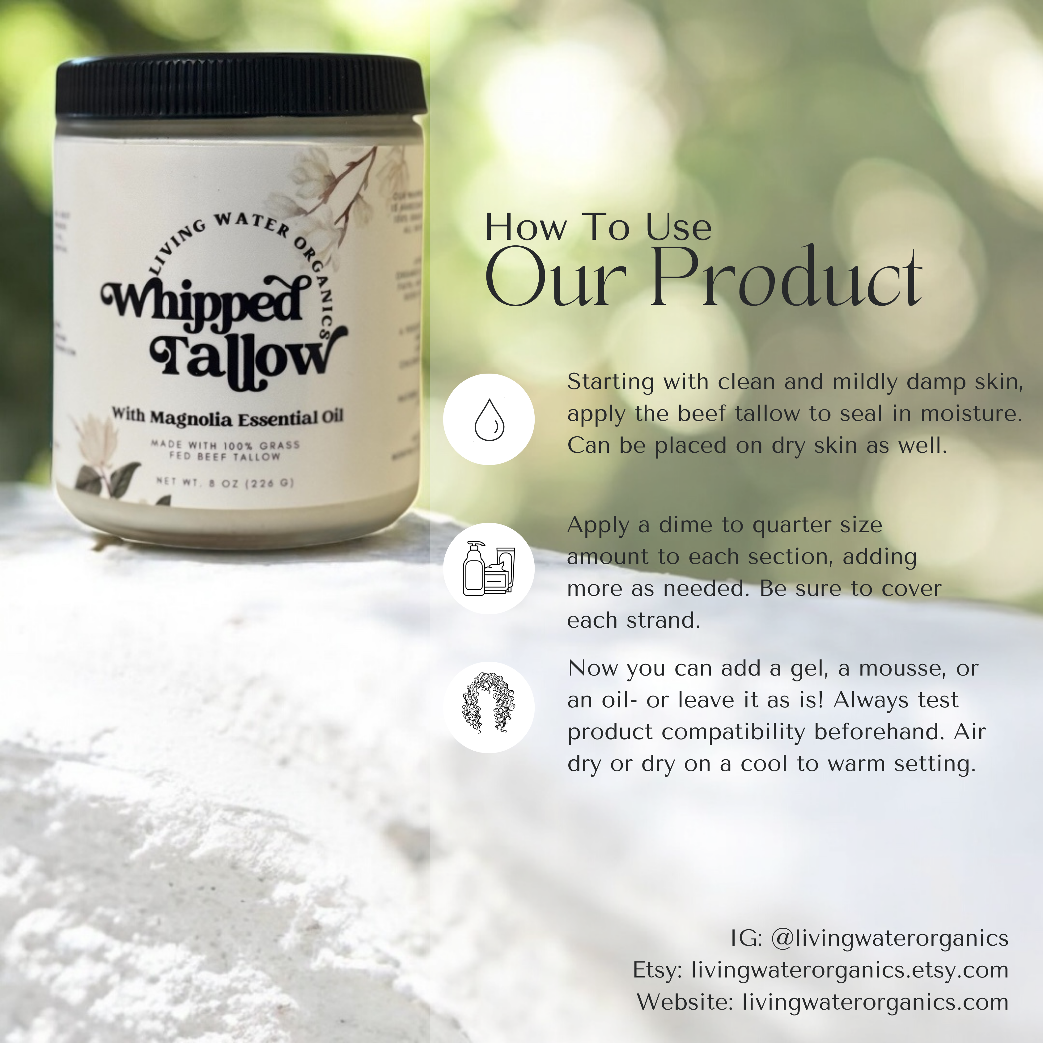 Living Water Organics – Großhandel Körperbutter/-balsam – 100 % Grasgefüttertes aufgeschlagenes Talg für Gesicht, Haare und Haut, natürlicher Talg2