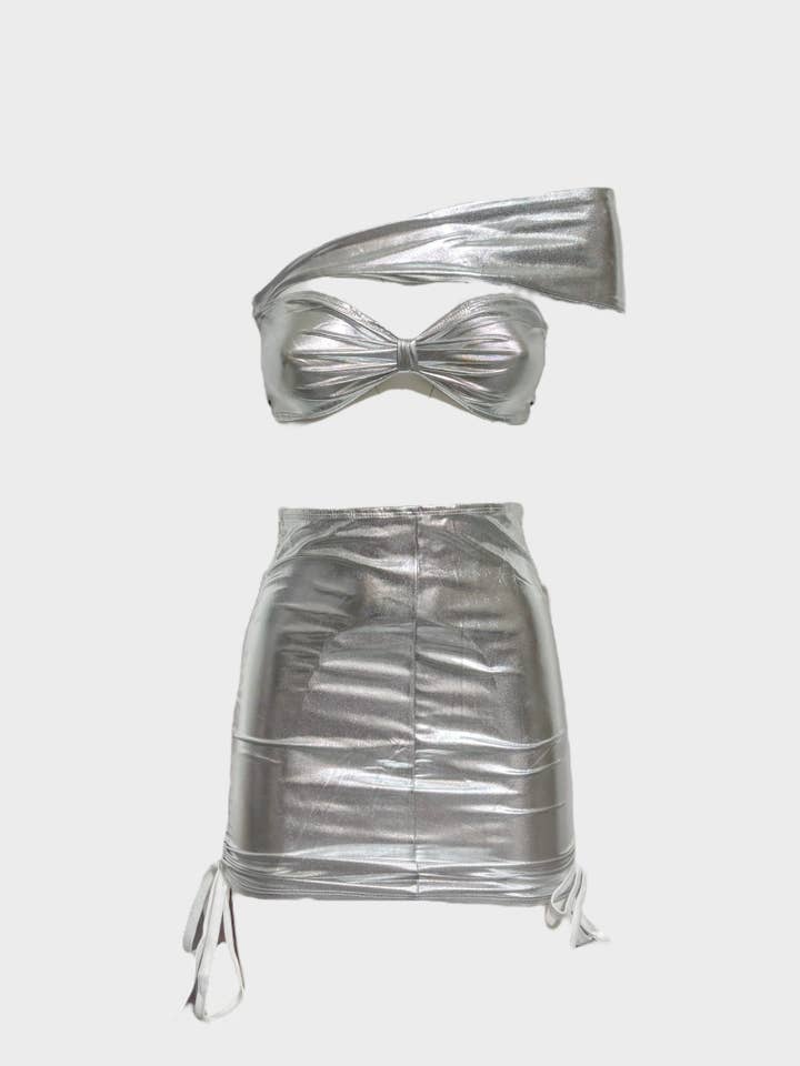 Coordinated Metallic Lamé – Bandeau Top with Crossed Strap and Fitted Miniskirt for wholesale by lucas giordani