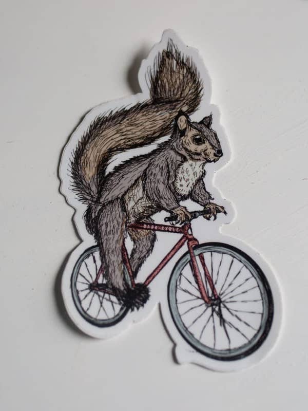 Squirrel on a Bicycle Vinyl Sticker for wholesale by Dark Cycle Clothing
