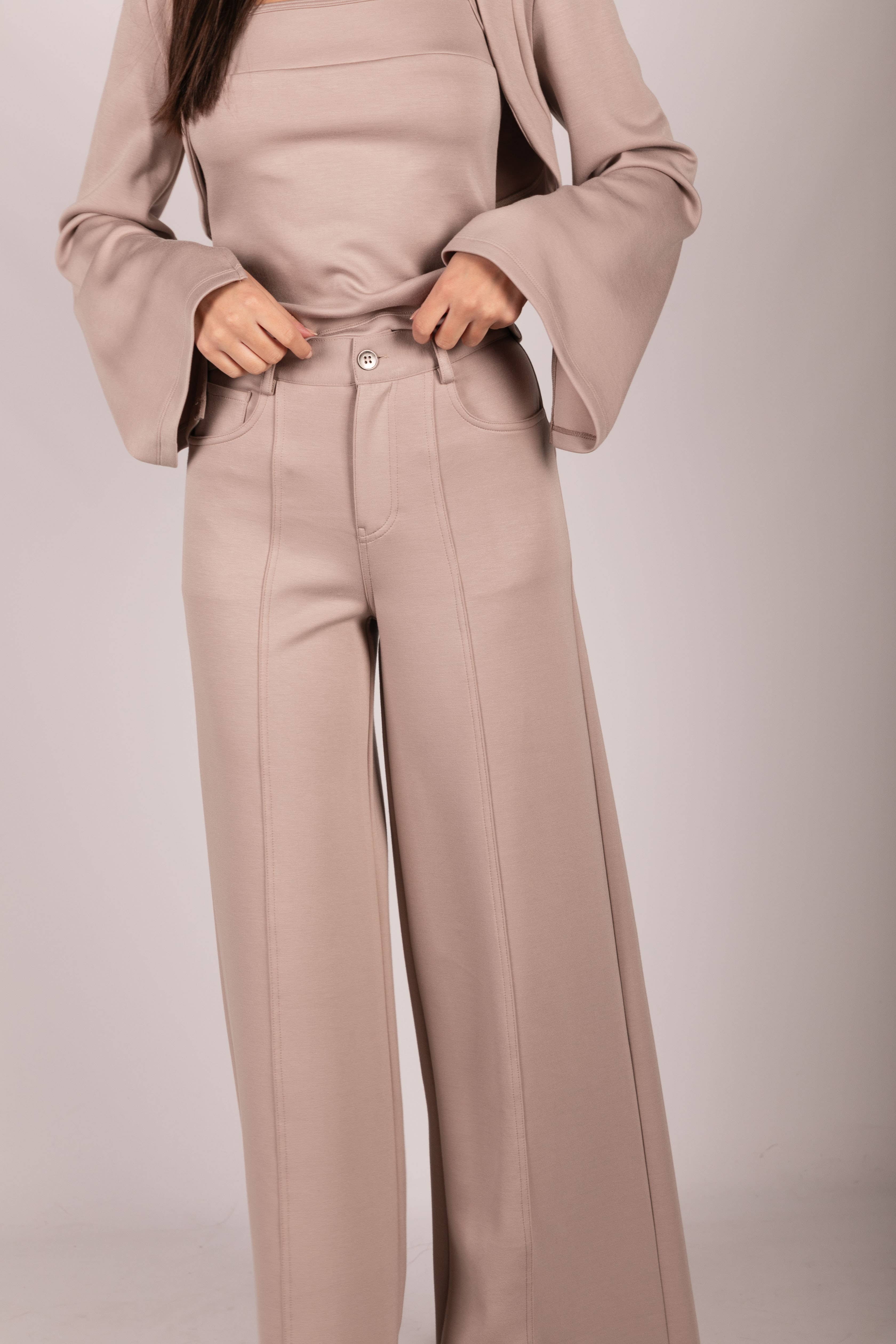 Taupe P. CILL Butter Modal Pleated Wide Leg Trousers for wholesale on Faire12