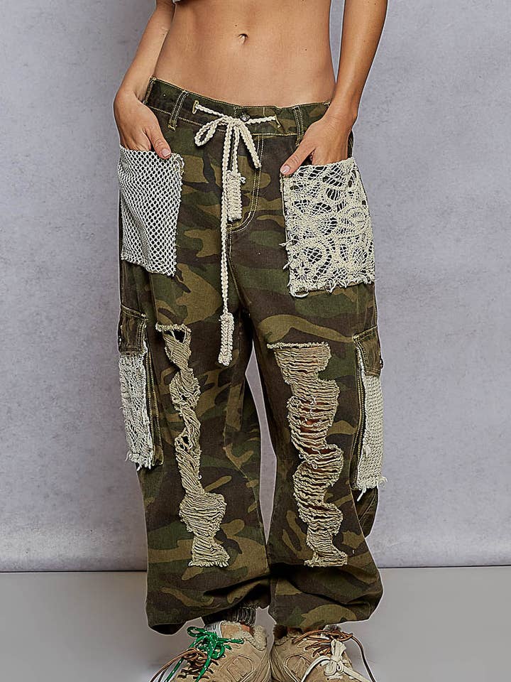 Vintage Wash Crochet Patches Distress Jogger Pants SALE for wholesale by Pol Clothing