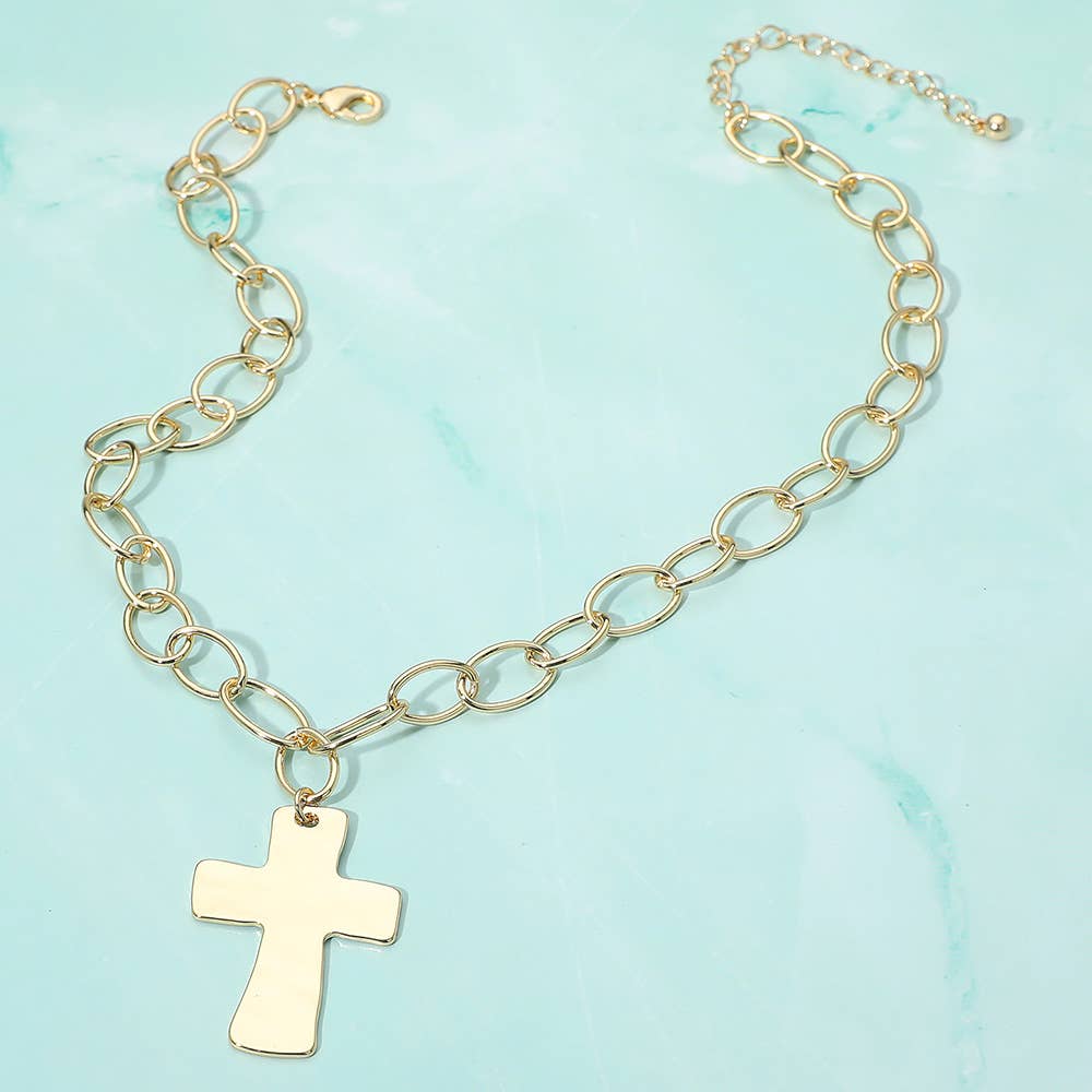 Sensibling Corp. – Colar pingente/pendente por atacado – Colar com Pingente de Cruz Grossa Banhado a Ouro 18K e Corrente de Elos Ovais2