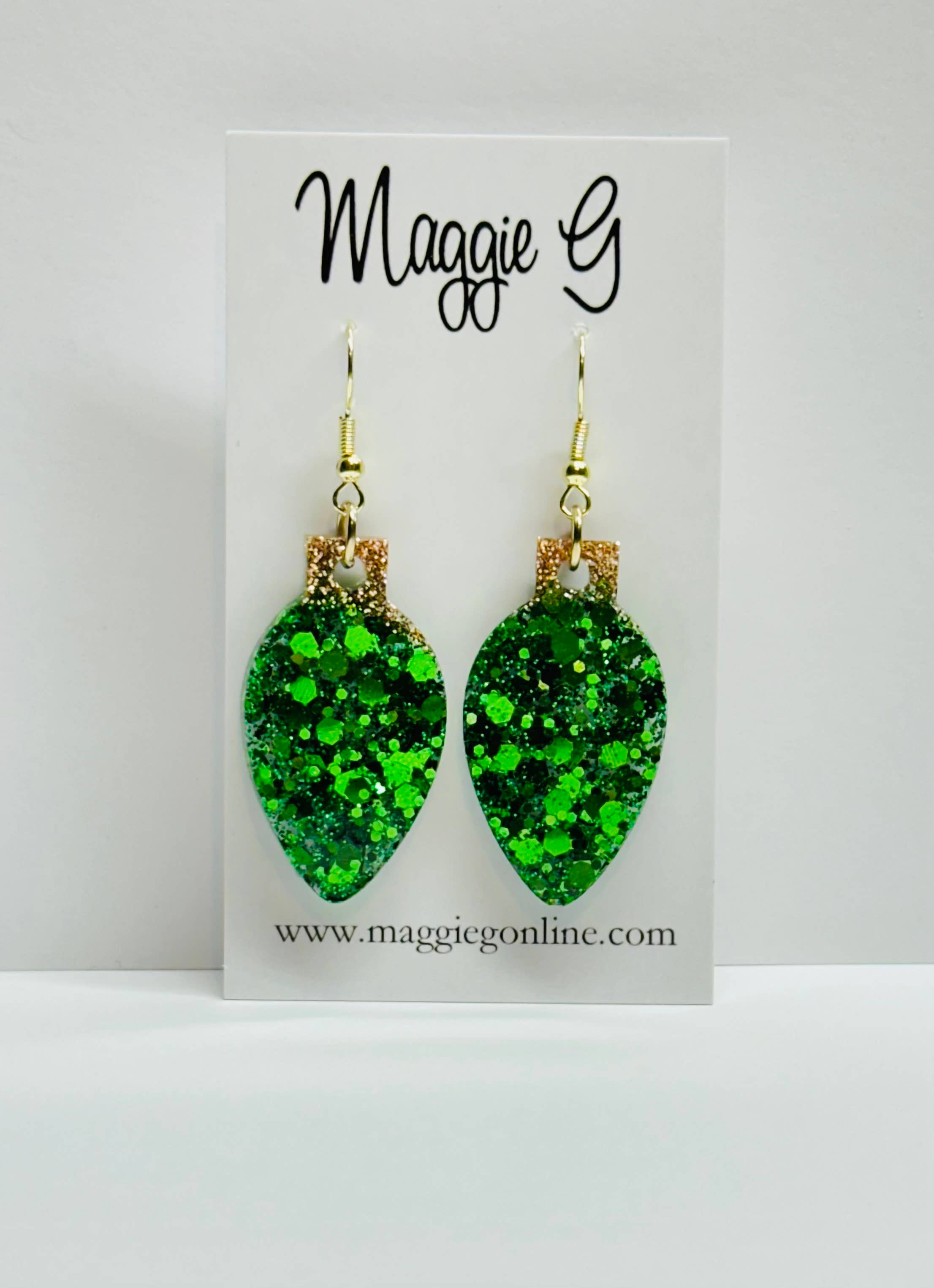 Maggie G - Wholesale Dangle Earrings - Christmas Light Bulbs Chunk Green Resin Earrings