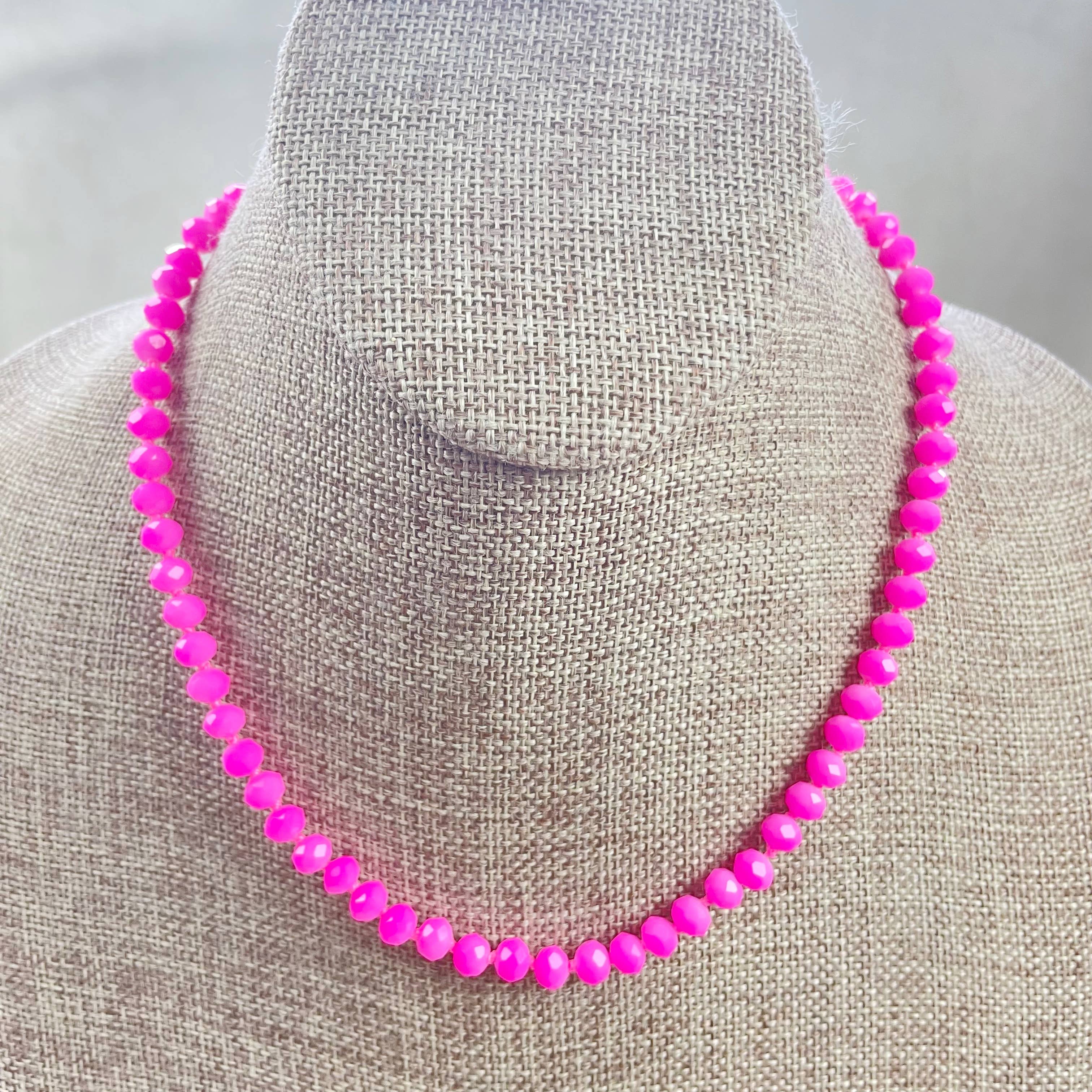 Ewelina Pas Jewelry - Wholesale Beaded/Pearl Necklace - Barb// Hot Pink Neon Crystal Beaded Handknotted Necklace