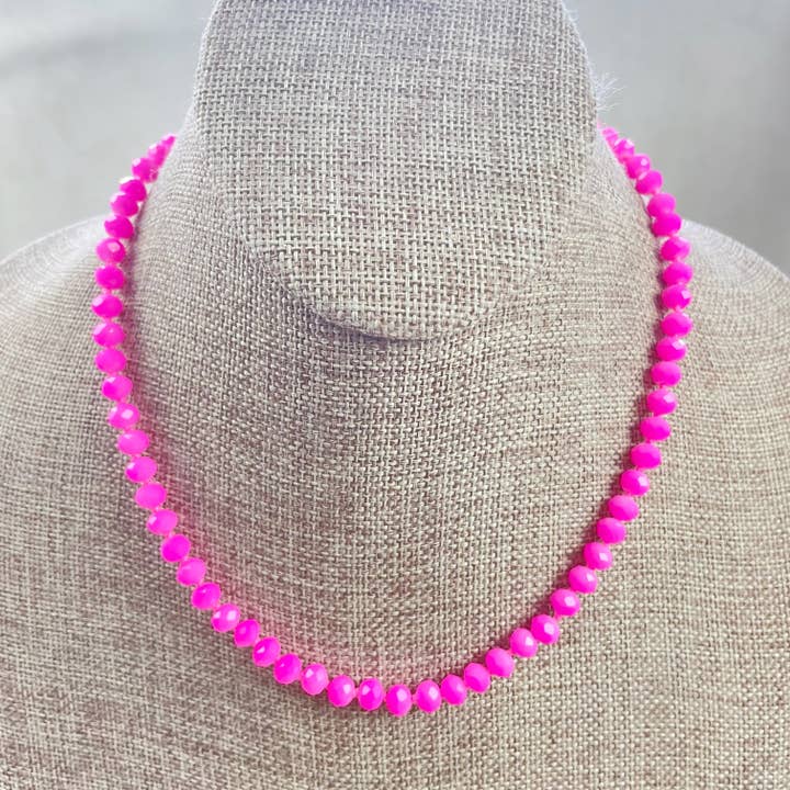 Ewelina Pas Jewelry - Wholesale Beaded/Pearl Necklace - Barb// Hot Pink Neon Crystal Beaded Handknotted Necklace