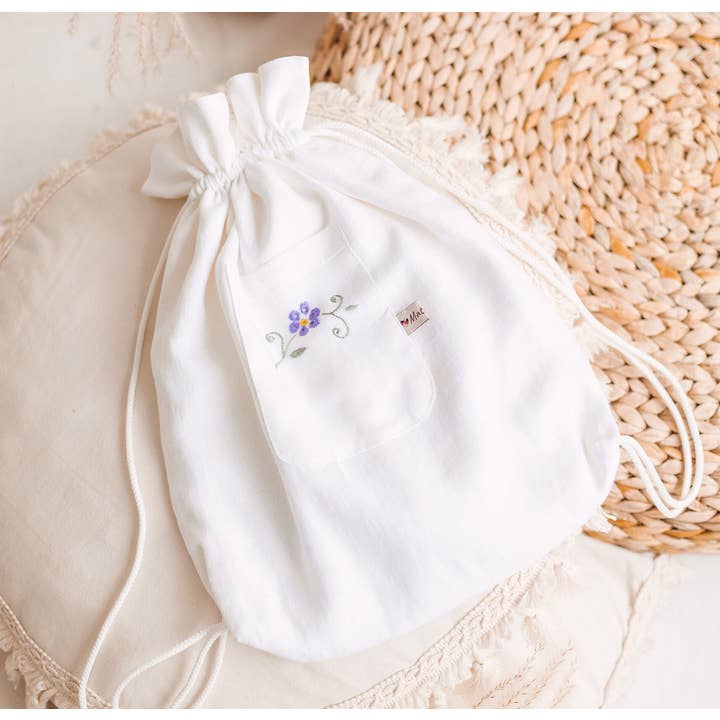 Matrinna - Wholesale Drawstring bag – women's - White Linen Bag With Hand Embroidery Flowers, Soft Reusable Large Pouch Drawstring Sack, Mini Backpack With Pocket, Storage Present Fabric2