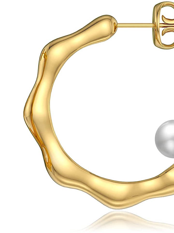 Aretes tipo argolla en zigzag con una sola perla abierta para venta al por mayor de Kaiya Jewelry