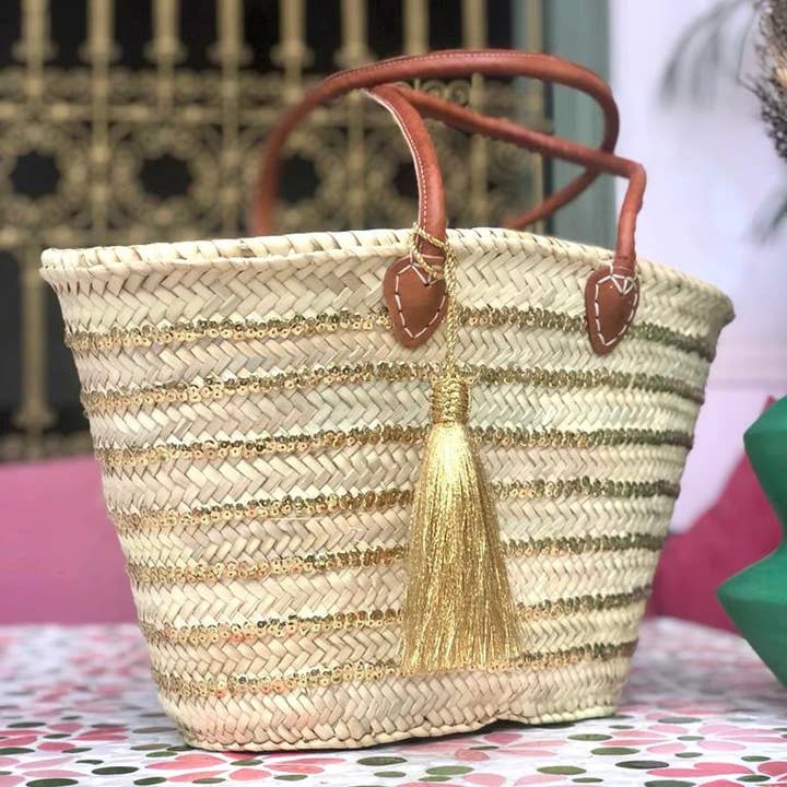 Straw Basket Bag | French Basket Leather Handles | Sequins for wholesale by HandmadeBestSeller