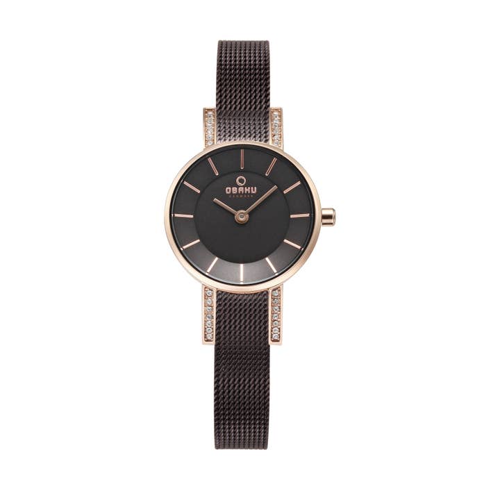Ladies Rose gold/Brown petite Swarovski crystal lug watch for wholesale by Obaku Denmark Watches