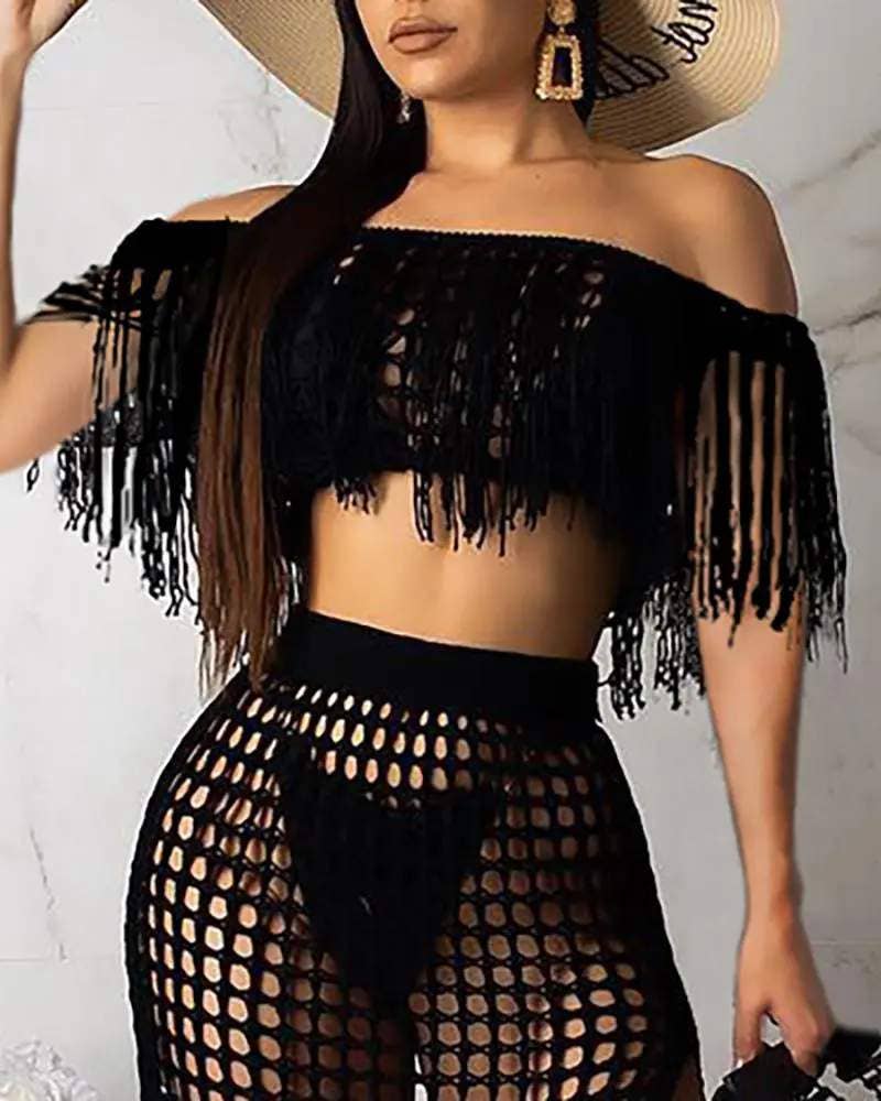 NERO Copricostume maxi in crochet con spalle scoperte e nappine in vendita all'ingrosso su Faire1