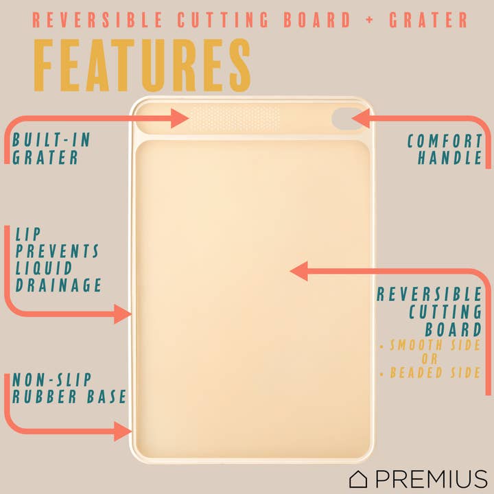 ShopBobbys - Wholesale Cutting board - PREMIUS Reversible Non-Slip Cutting Board with Grater, Orange-Cream, Medium, 9.44x14.3 Inches1