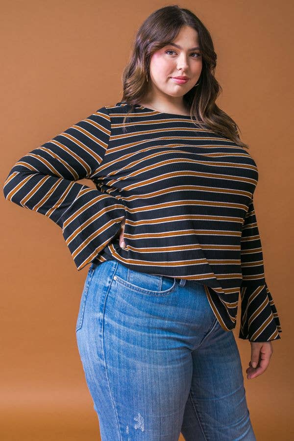 BLACK A PLUS SIZE STRIPE RUFFLE SLEEVE TOP-ATP1531-KN for wholesale on Faire1