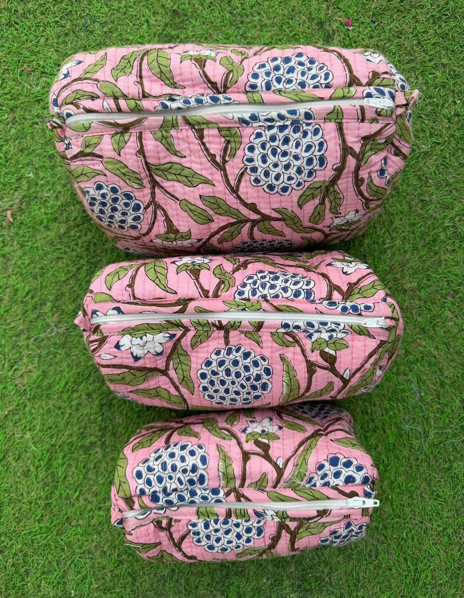 bhavnas boutique – bolsa de maquilhagem e cosméticos por atacado – Bolsa de Cosméticos Grande Estampada em Salmão Algodão Indiano Acolchoado2