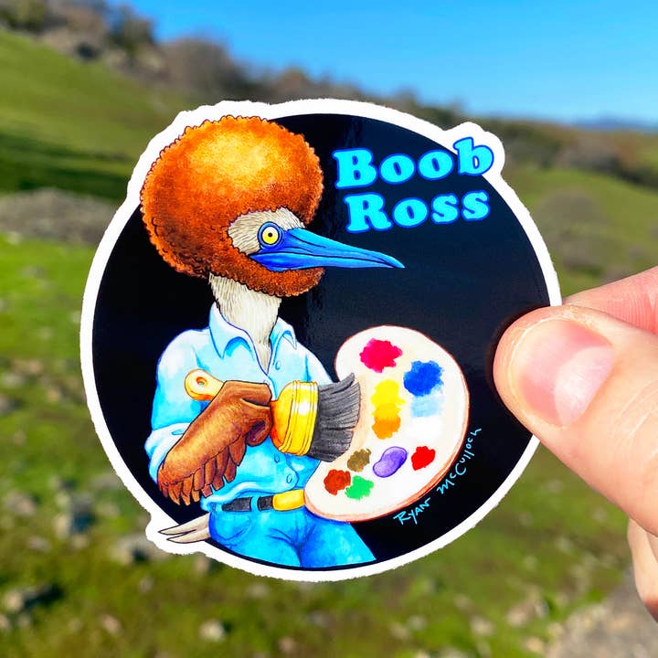 Ryan McCulloch Art – wholesale Sticker – VINYL STICKER: "Boob Ross" Bob Ross loving Blue Footed Booby