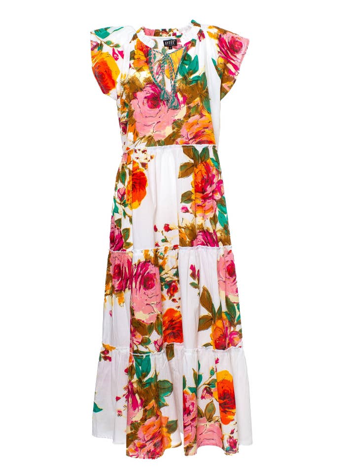 FLOWER PRINT SHORT SLEEVE LONG DRESS 100% CO, 5 SIZES, MADE for wholesale by Ayfee