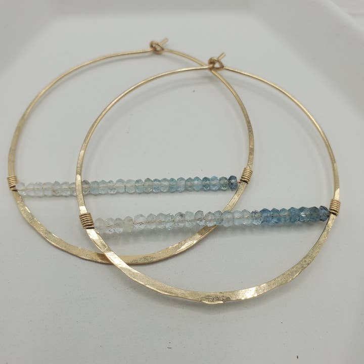 Moss Aquamarine Horizon gold Hoops for wholesale by Tela Bella Jewelry