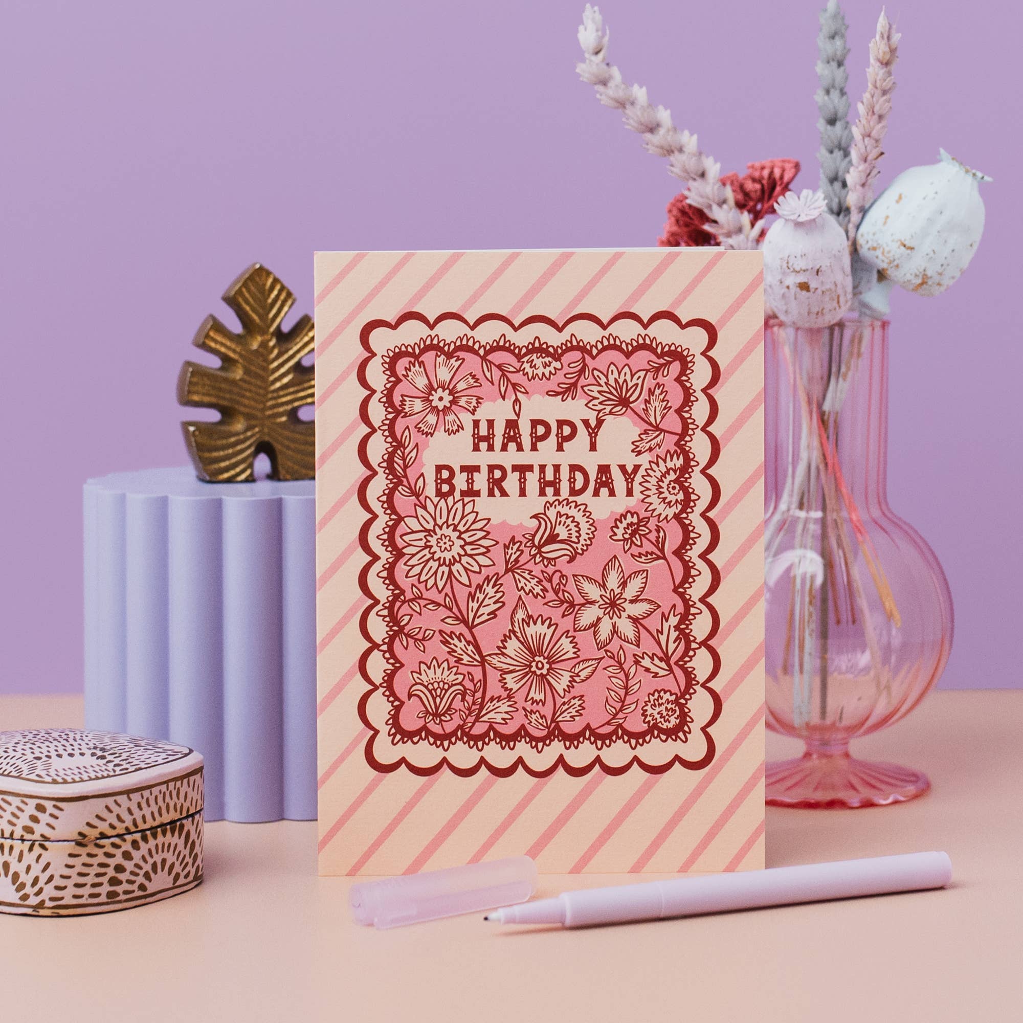 Jessie Maeve Studio - Wholesale Birthday Card - Indian Floral Pink Birthday Card - Stripe & Floral Design4