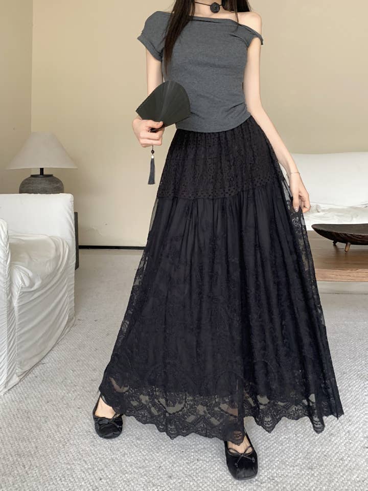 PEACH ACCESSORIES – wholesale Skirt – Women’s – Elegant Lace Maxi Skirt with Layered Design SK2015