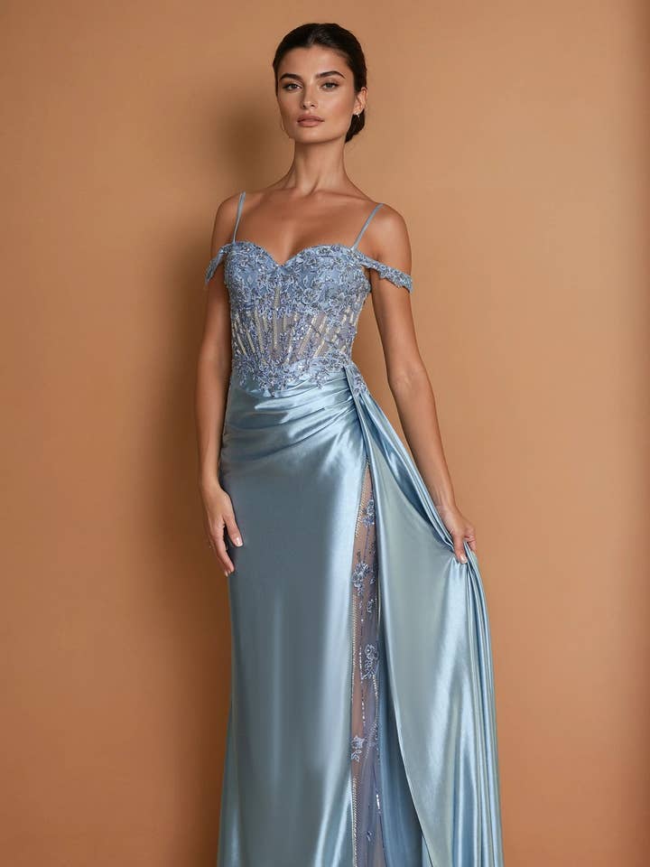 Long Corset Prom Dresss with Beaded Drape Slit for wholesale by Kos Couture