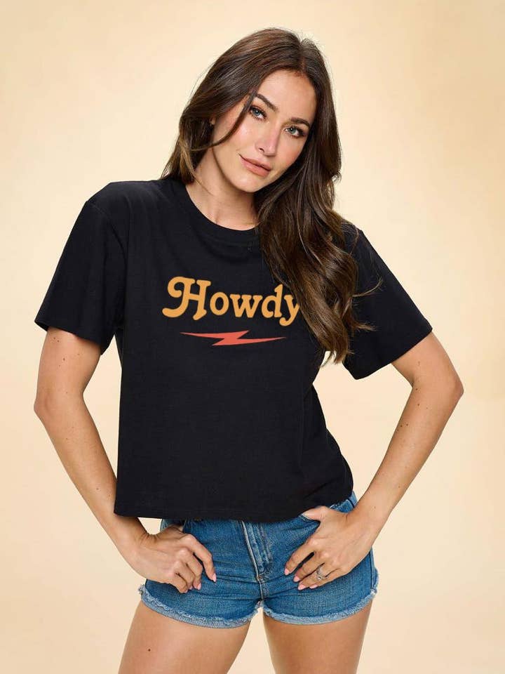 Howdy Bolt Graphic Premium Cotton Faux Crop Tee for wholesale by Zutter