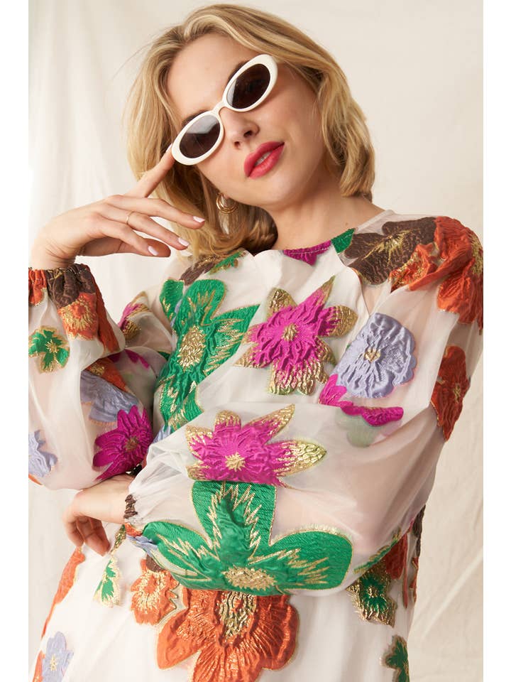 En Crème - Wholesale Dress - Women's - Bubble Sleeve Floral Organza Mini Dress6