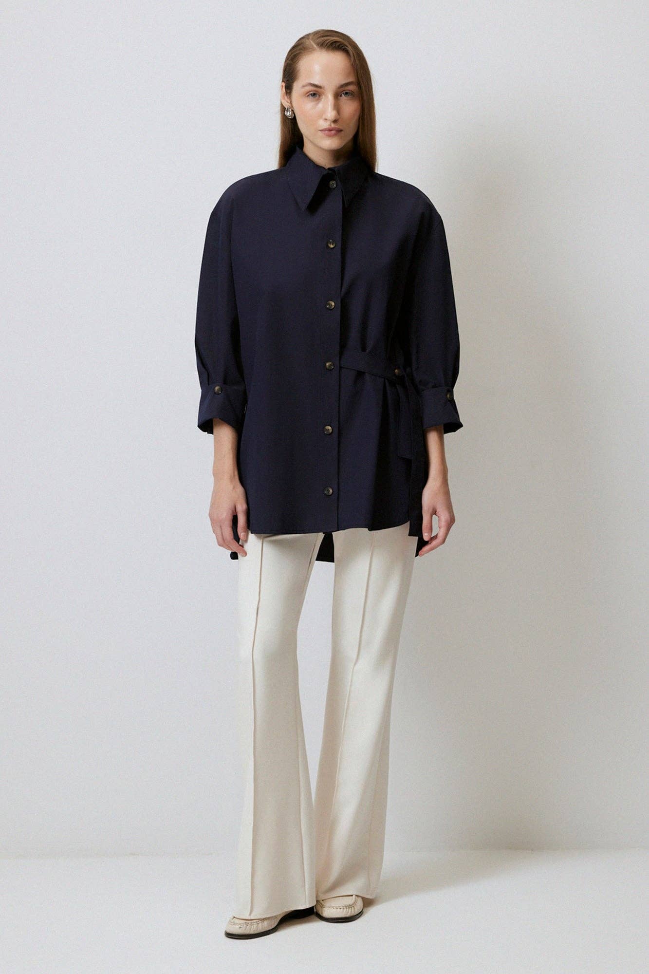 Navy Asymmetric Belted Cotton Blend Shirt – Relaxed Fit for wholesale on Faire0