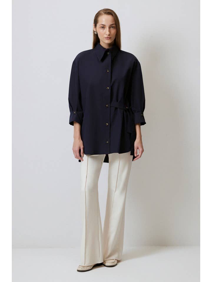 Navy Asymmetric Belted Cotton Blend Shirt – Relaxed Fit for wholesale on Faire