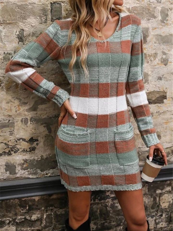 Wholesalesir - Wholesale Dress - Women's - V-neck Color Blocked Pocket Knitted Dress