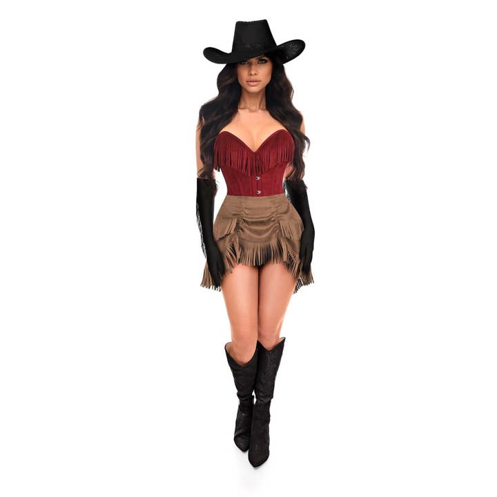 Costume Corsetto Cowgirl Premium in Pelle Scamosciata Rossa con Frange Top Drawer 4 Pezzi per la vendita all'ingrosso da parte di Daisy Corsets