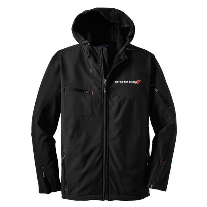Mens Dodge® Logo Hooded Softshell Jacket - Black for wholesale by Detroit Shirt Co.