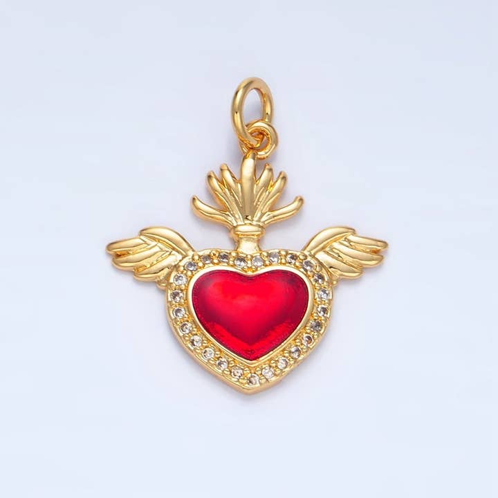 24K Gold Filled Red Micro Paved CZ Sacred Heart Wings Charm | X866 for wholesale by Aim Eternal