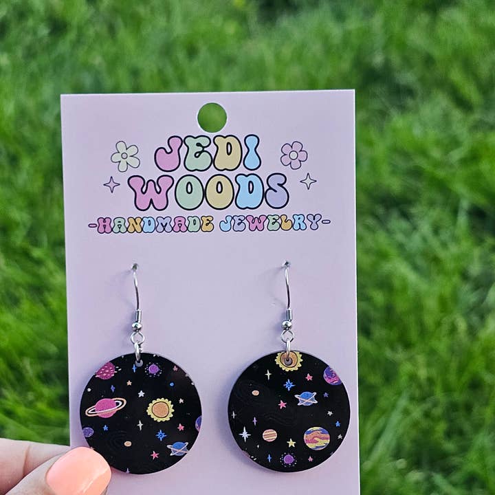 Black Galaxy, Planets and Stars Medallion Earrings for wholesale by Jedi Woods LLC