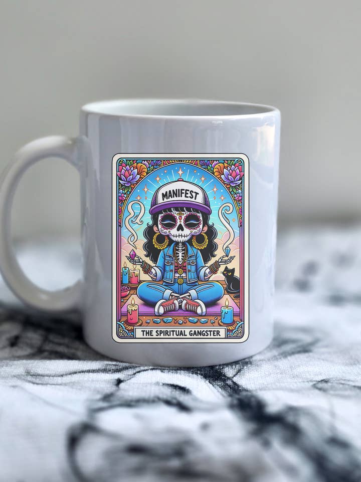 The Spiritual Gangster Tarot Card Coffee Mug for wholesale by Galactic Sapphire