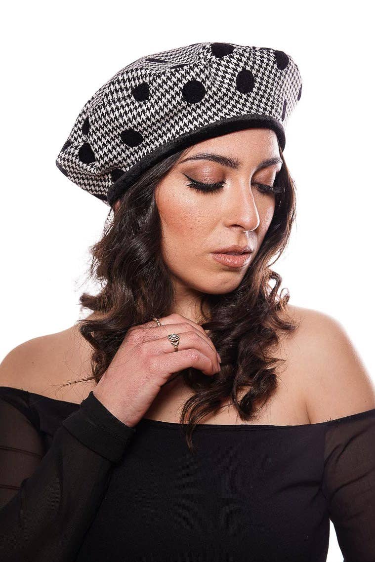Tétè Accessories - Wholesale Fashion Headband - Women's - Beret in houndstooth wool with velvet polka dots2