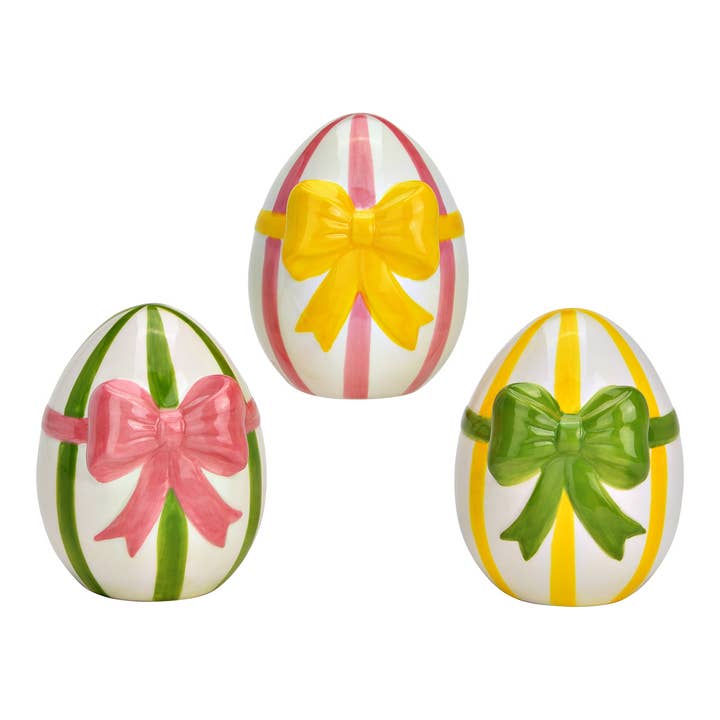 Ovo com laço de cerâmica, triplo, Amarelo/Rosa/Verde (L/A/P) 9x11x9cm por atacado de Wurm